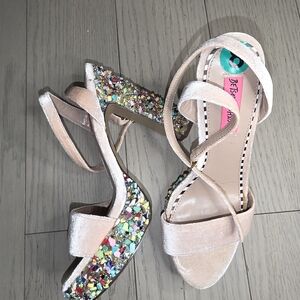 Betsey Johnson Pink Velvet Multicolor Sequin Block Heel Sandals